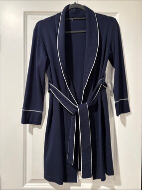 Women's Navy Robe with White Piping - Elegant Wrap Style